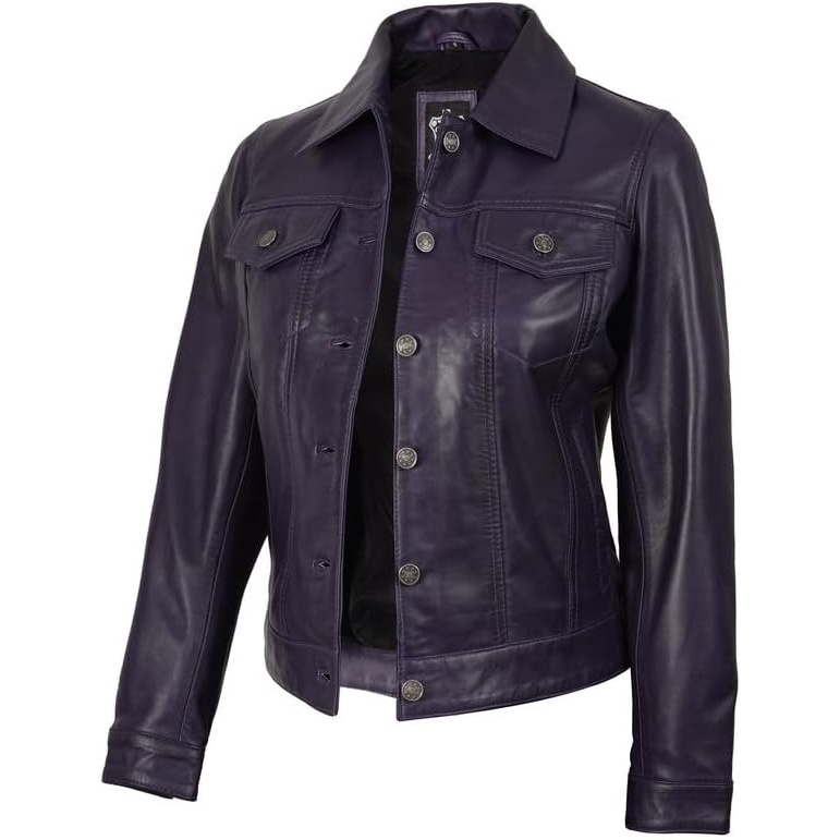 image:imageBlingsoul Vintage Leather Jacket Women Real Lambskin Leather Trucker Jacket For Women with Shirt CollarPurple Wax