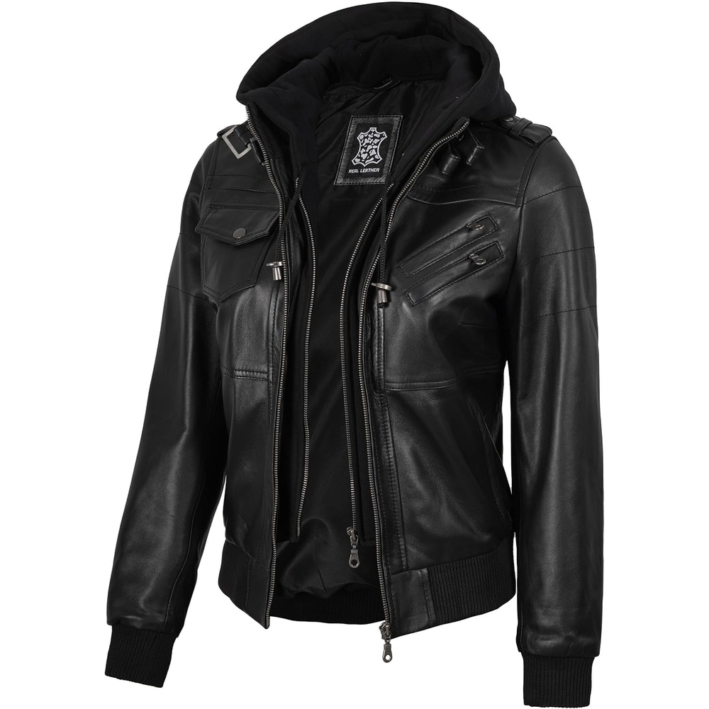 image:imageBlingsoul Womens Hooded Leather Jacket Real Lambskin Bomber Leather Jacket Women With Detachable HoodBlack