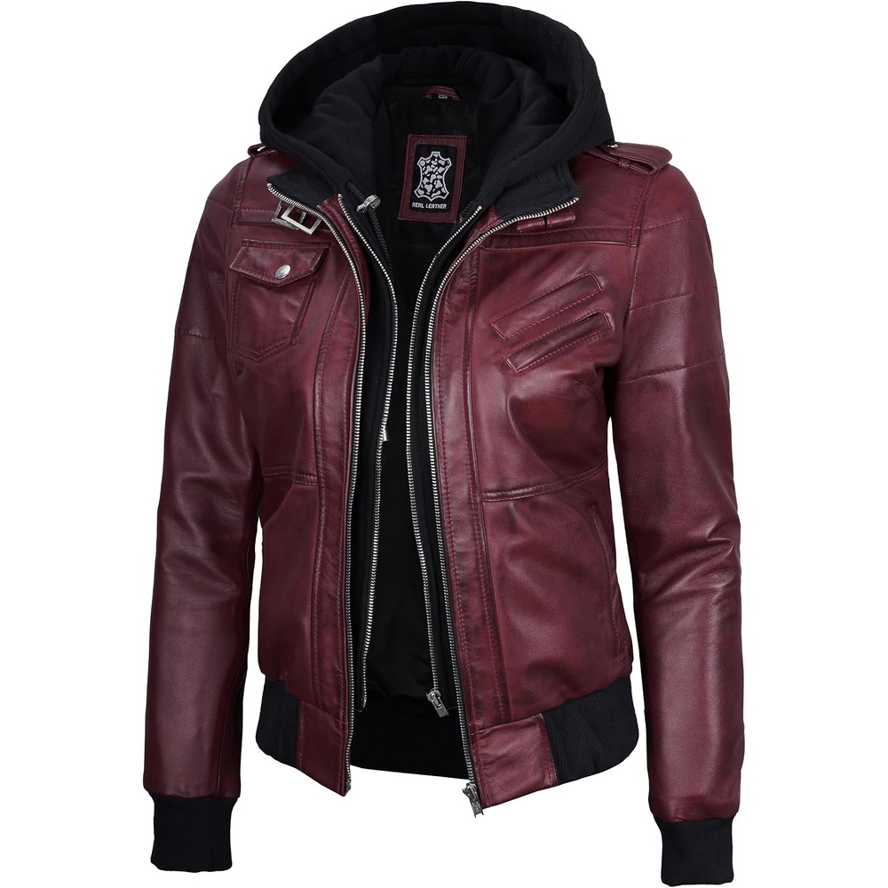 image:imageBlingsoul Womens Hooded Leather Jacket Real Lambskin Bomber Leather Jacket Women With Detachable HoodBurgundy Maroon Wax
