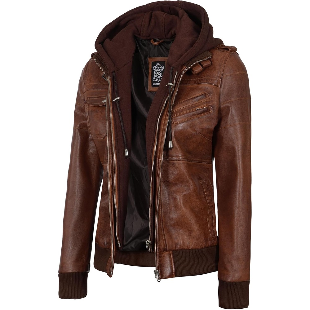 image:imageBlingsoul Womens Hooded Leather Jacket Real Lambskin Bomber Leather Jacket Women With Detachable HoodCognac Wax