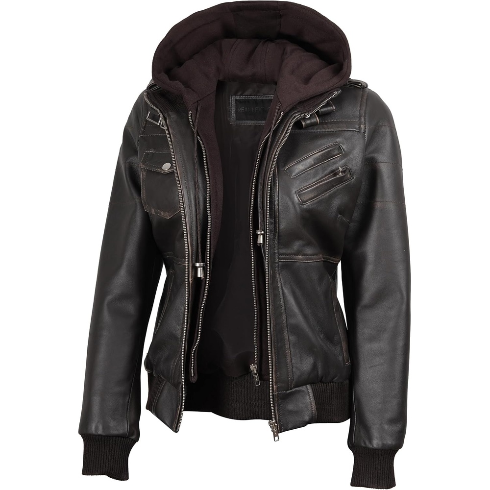 image:imageBlingsoul Womens Hooded Leather Jacket Real Lambskin Bomber Leather Jacket Women With Detachable HoodDark Brown Rub Off