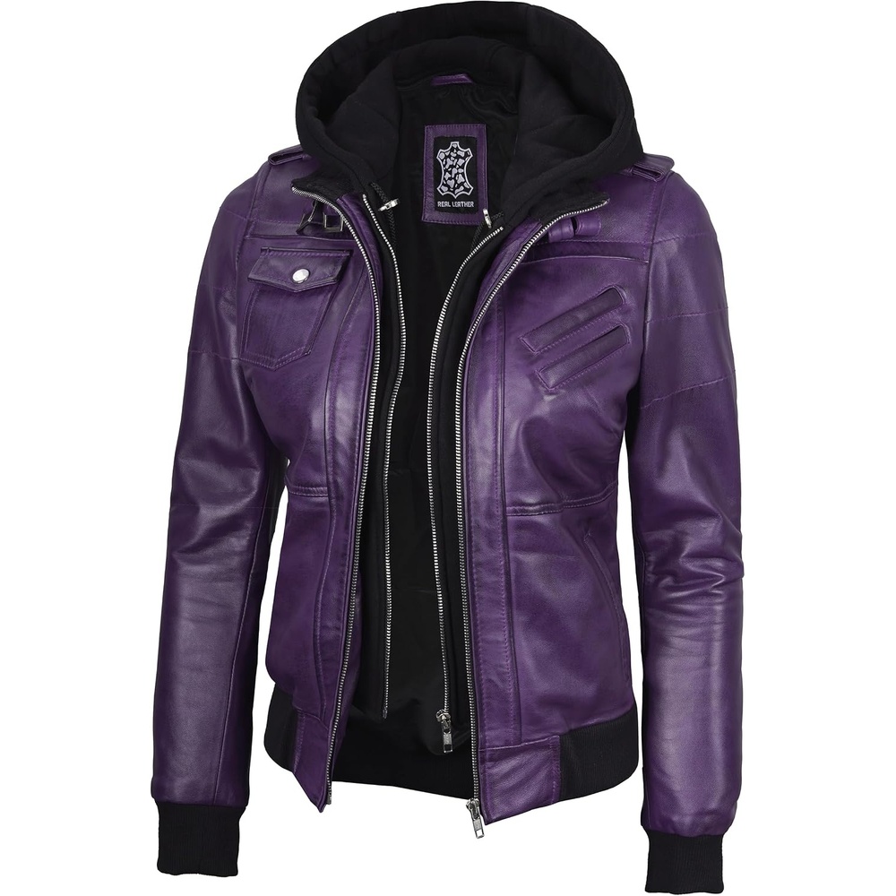image:imageBlingsoul Womens Hooded Leather Jacket Real Lambskin Bomber Leather Jacket Women With Detachable HoodPurple Wax