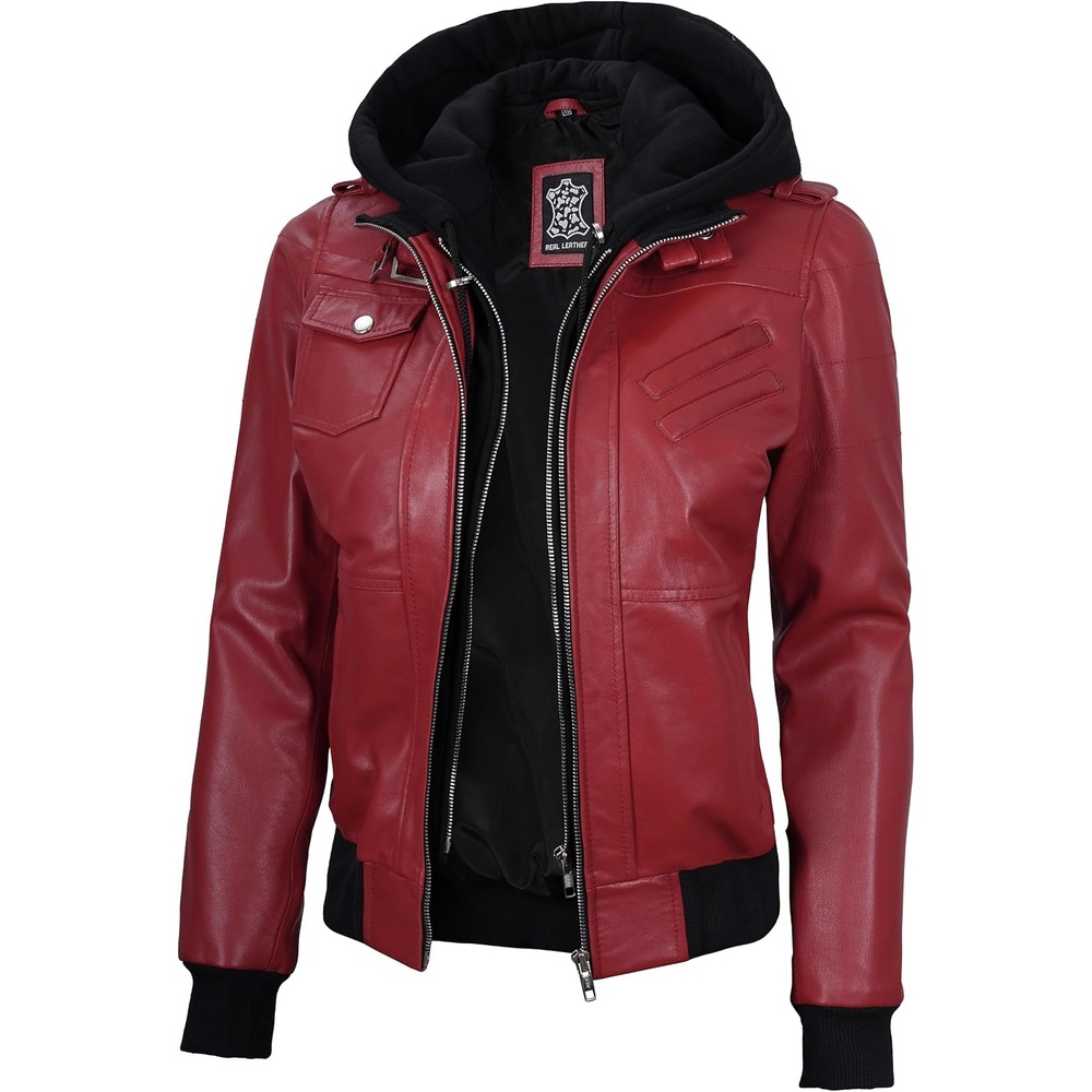 image:imageBlingsoul Womens Hooded Leather Jacket Real Lambskin Bomber Leather Jacket Women With Detachable HoodRed Wax