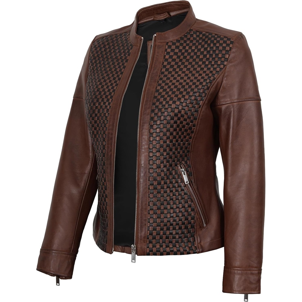 image:imageBlingsoul Womens Leather Jacket Real Lambskin Cafe Racer Biker Style Jacket for WomenCognac Wax