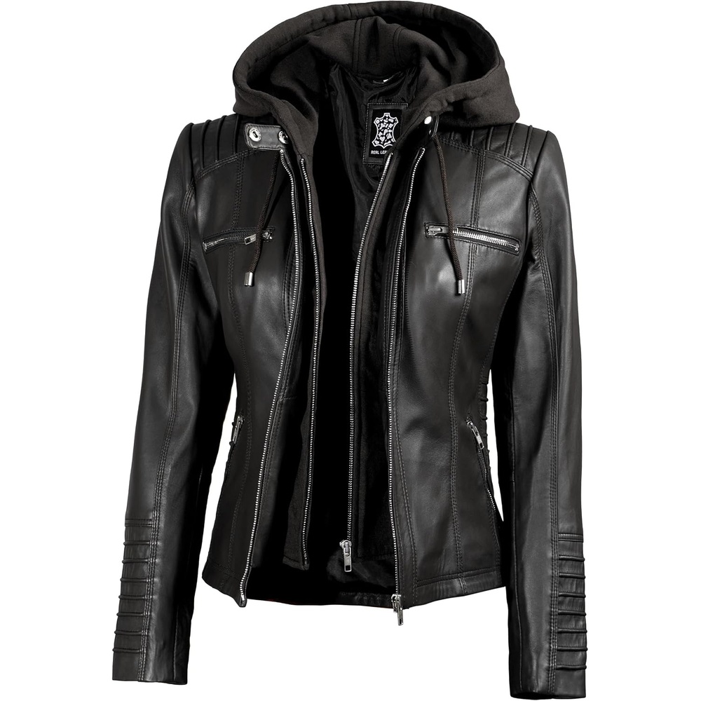 image:imageBlingsoul Womens Leather Jacket with Hood Real Lambskin Hooded Leather Jacket Women with Detachable HoodBlack