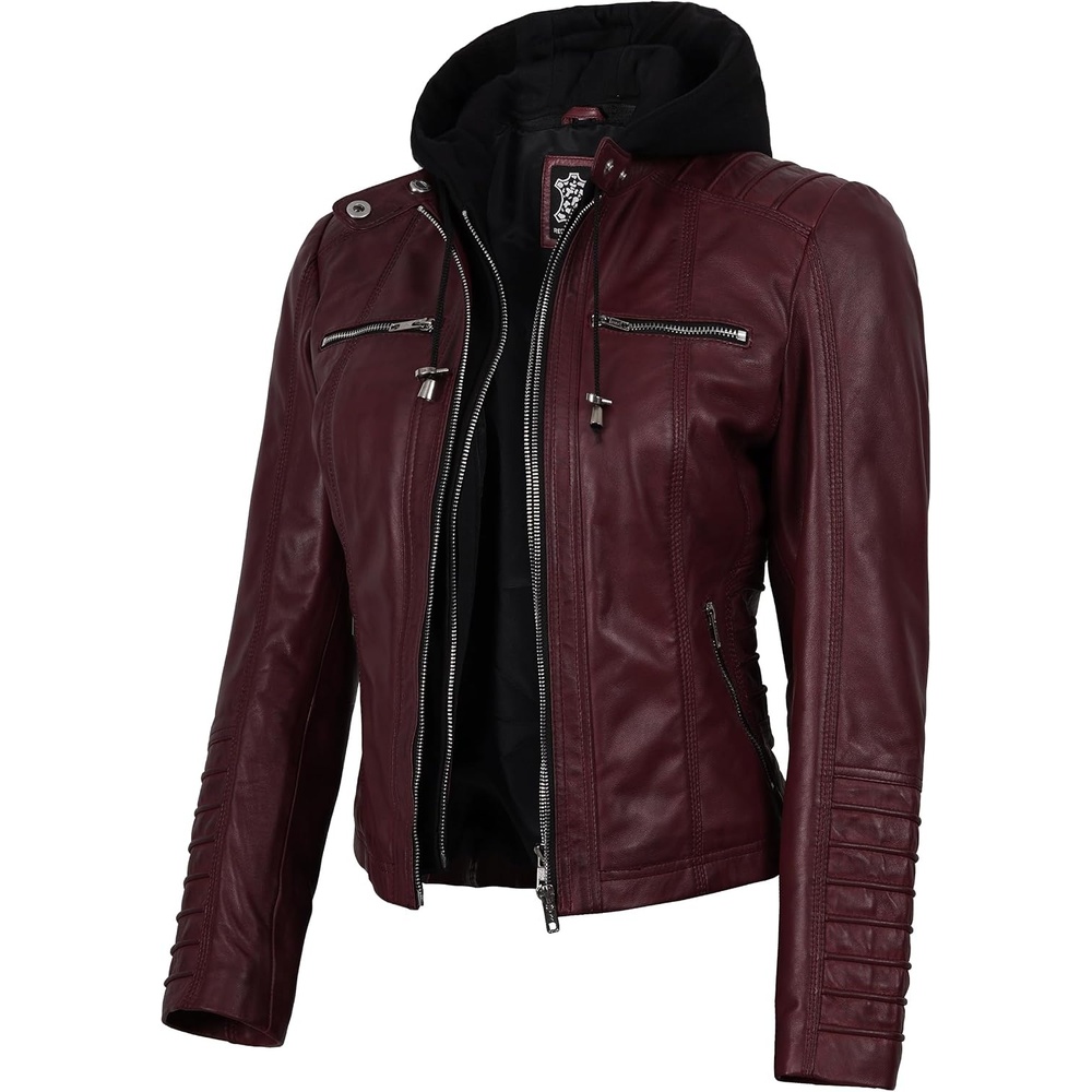 image:imageBlingsoul Womens Leather Jacket with Hood Real Lambskin Hooded Leather Jacket Women with Detachable HoodBurgundy Maroon Wax