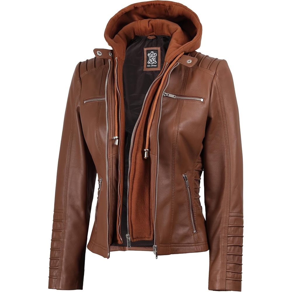 image:imageBlingsoul Womens Leather Jacket with Hood Real Lambskin Hooded Leather Jacket Women with Detachable HoodCognac Wax