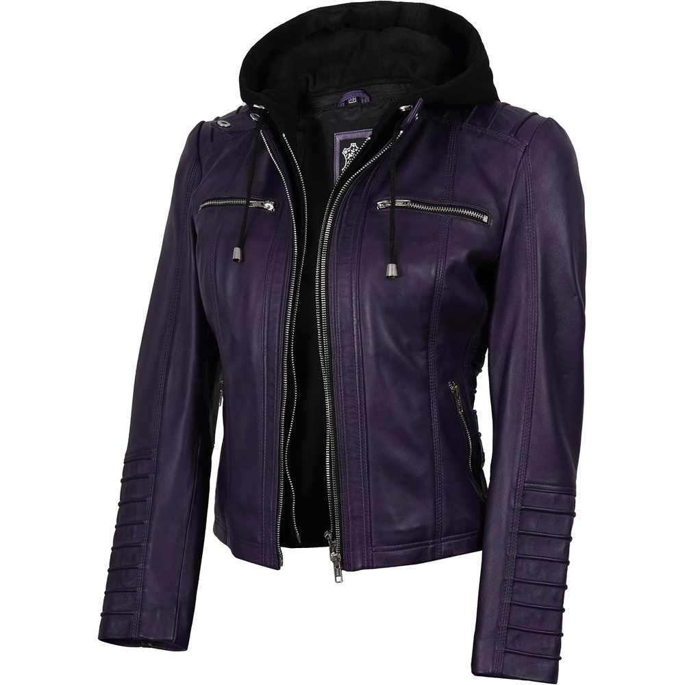 image:imageBlingsoul Womens Leather Jacket with Hood Real Lambskin Hooded Leather Jacket Women with Detachable HoodPurple Wax