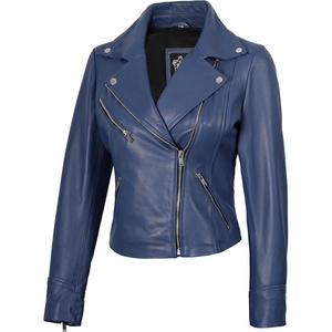 Blingsoul Asymmetrical Leather Jacket Women – Real Lambskin Motorcycle Style Jacket for Women, Genuine Womens Leather Jacket(Blue)