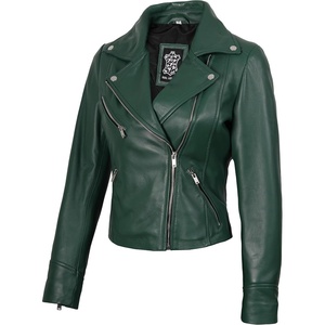 Blingsoul Asymmetrical Leather Jacket Women – Real Lambskin Motorcycle Style Jacket for Women, Genuine Womens Leather Jacket(Green)