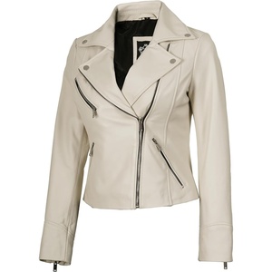 Blingsoul Asymmetrical Leather Jacket Women – Real Lambskin Motorcycle Style Jacket for Women, Genuine Womens Leather Jacket(Off-white)