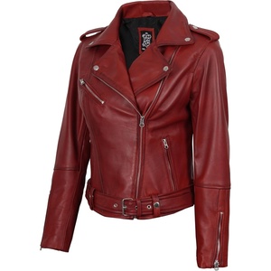 Blingsoul Asymmetrical Real Leather Jacket Women – Belted Lambskin leather Jacket Womens, Genuine Leather Moto Style Jacket(Red)