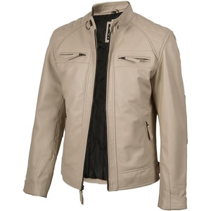 Blingsoul Cafe Racer Leather Jacket Men – Quilted Real Lambskin Leather Jacket for Men with Snap Tab Collar(Beige)