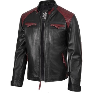 Blingsoul Cafe Racer Leather Jacket Men – Quilted Real Lambskin Leather Jacket for Men with Snap Tab Collar(Black & Maroon)