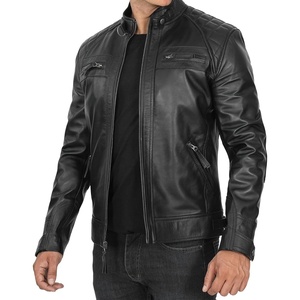 Blingsoul Cafe Racer Leather Jacket Men – Quilted Real Lambskin Leather Jacket for Men with Snap Tab Collar(Black)