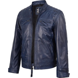 Blingsoul Cafe Racer Leather Jacket Men – Quilted Real Lambskin Leather Jacket for Men with Snap Tab Collar(Blue Wax)