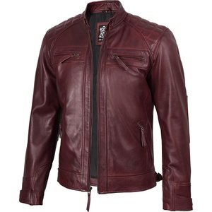 Blingsoul Cafe Racer Leather Jacket Men – Quilted Real Lambskin Leather Jacket for Men with Snap Tab Collar(Burgundy Maroon Wax)