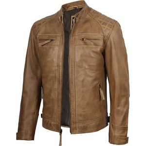 Blingsoul Cafe Racer Leather Jacket Men – Quilted Real Lambskin Leather Jacket for Men with Snap Tab Collar(Camel Wax)