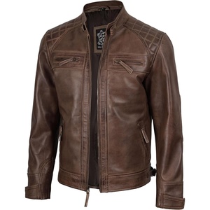 Blingsoul Cafe Racer Leather Jacket Men – Quilted Real Lambskin Leather Jacket for Men with Snap Tab Collar(Coffee Brown Wax)