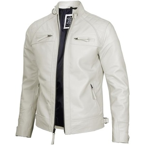 Blingsoul Cafe Racer Leather Jacket Men – Quilted Real Lambskin Leather Jacket for Men with Snap Tab Collar(Off-white)