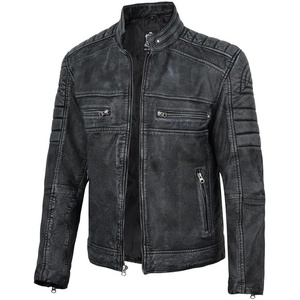 Blingsoul Cafe Racer Leather Jacket Men – Real Lambskin Leather Jacket For Men, Genuine Leather Motorcycle Style Jackets(Washed Distress Black)