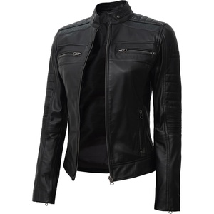 Blingsoul Cafe Racer Leather Jacket Womens – 100% Real Lambskin Motorcycle Style Leather Jacket for Women with Band Collar(Black)