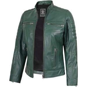 Blingsoul Cafe Racer Leather Jacket Womens – 100% Real Lambskin Motorcycle Style Leather Jacket for Women with Band Collar(Green)