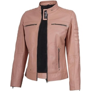 Blingsoul Cafe Racer Leather Jacket Womens – 100% Real Lambskin Motorcycle Style Leather Jacket for Women with Band Collar(Pink)