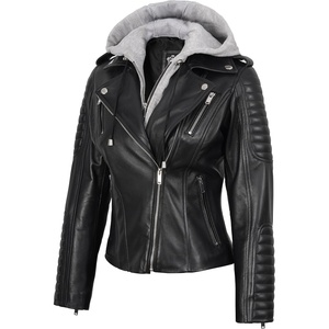 Blingsoul Hooded Leather Jacket Women – Real Lambskin Asymmetrical Leather Jacket For Womens With Detachable Hood(Black)