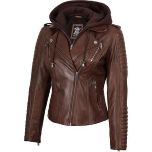 Blingsoul Hooded Leather Jacket Women – Real Lambskin Asymmetrical Leather Jacket For Womens With Detachable Hood(Cognac Wax)