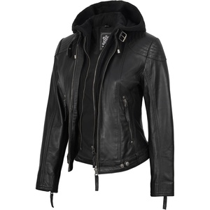 Blingsoul Hooded Leather Jacket Women – Real Lambskin Leather Jacket for Women with Detachable Hood(Black)