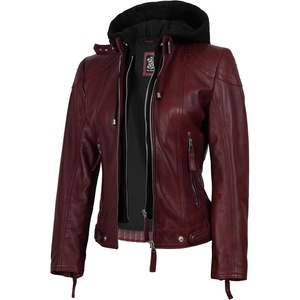 Blingsoul Hooded Leather Jacket Women – Real Lambskin Leather Jacket for Women with Detachable Hood(Burgundy Maroon Wax)