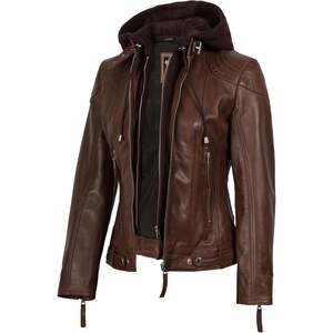 Blingsoul Hooded Leather Jacket Women – Real Lambskin Leather Jacket for Women with Detachable Hood(Cognac Wax)