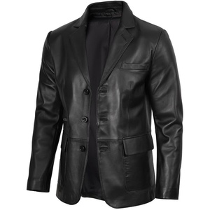 Blingsoul Leather Blazer Jacket Mens – Real Lambskin 3-Button Sport Coat with Notch Lapel Collar(Black)