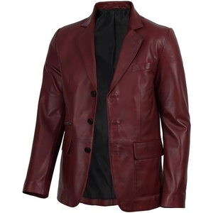 Blingsoul Leather Blazer Jacket Mens – Real Lambskin 3-Button Sport Coat with Notch Lapel Collar(Burgundy Maroon Wax)