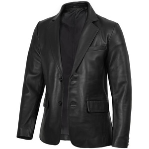 Blingsoul Mens Leather Blazer Jacket – Real Lambskin Sport Coat with Notch Lapel Collar(Black)