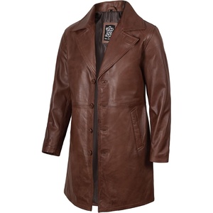 Blingsoul Men’s Leather Car Coat – Genuine Lambskin Long Leather Jacket for Men, Real Leather Coat with Lapel Collar(Cognac Wax)
