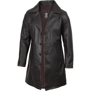 Blingsoul Men’s Leather Car Coat – Genuine Lambskin Long Leather Jacket for Men, Real Leather Coat with Lapel Collar(Dark Brown Ruboff)