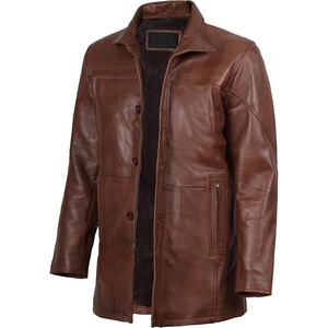 Blingsoul Men’s Leather Car Coat – Real Lambskin Long Leather Jacket Men, Mid-Thigh Genuine Leather Coat for Men(Cognac Wax)