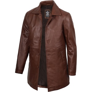 Blingsoul Mens Leather Coat – Mid-Length Real Lambskin Long Leather Jacket Men(Cognac Wax)