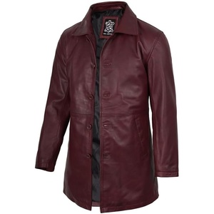 Blingsoul Mens Leather Coat – Mid-Length Real Lambskin Long Leather Jacket Men(Maroon Wax)
