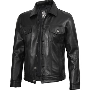 Blingsoul Men’s Leather Trucker Jacket – Vintage Real Full-Grain Lambskin Leather Jacket for Men with Shirt Style Collar(Black)