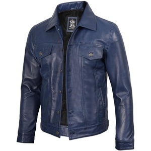 Blingsoul Men’s Leather Trucker Jacket – Vintage Real Full-Grain Lambskin Leather Jacket for Men with Shirt Style Collar(Blue)