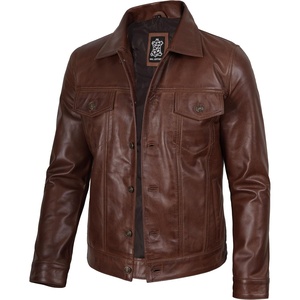 Blingsoul Men’s Leather Trucker Jacket – Vintage Real Full-Grain Lambskin Leather Jacket for Men with Shirt Style Collar(Brown Cognac Wax)