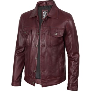 Blingsoul Men’s Leather Trucker Jacket – Vintage Real Full-Grain Lambskin Leather Jacket for Men with Shirt Style Collar(Burgundy Maroon Wax)