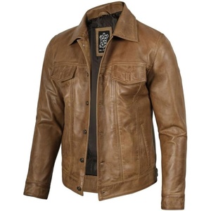 Blingsoul Men’s Leather Trucker Jacket – Vintage Real Full-Grain Lambskin Leather Jacket for Men with Shirt Style Collar(Camel Wax)