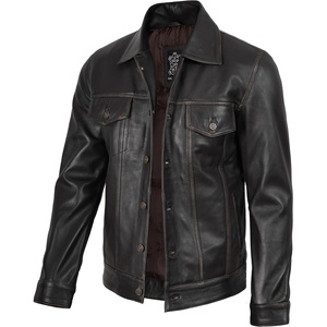 Blingsoul Men’s Leather Trucker Jacket – Vintage Real Full-Grain Lambskin Leather Jacket for Men with Shirt Style Collar(Dark Brown Ruboff)