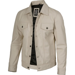 Blingsoul Men’s Leather Trucker Jacket – Vintage Real Full-Grain Lambskin Leather Jacket for Men with Shirt Style Collar(Off-white)