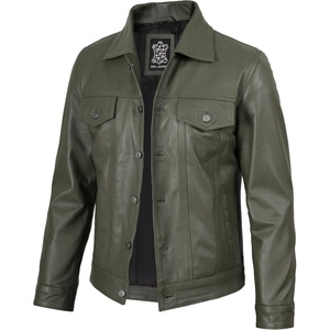 Blingsoul Men’s Leather Trucker Jacket – Vintage Real Full-Grain Lambskin Leather Jacket for Men with Shirt Style Collar(Olive Green)
