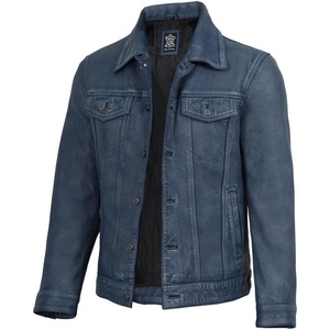 Blingsoul Men’s Leather Trucker Jacket – Vintage Real Full-Grain Lambskin Leather Jacket for Men with Shirt Style Collar(Washed Distressed Blue)
